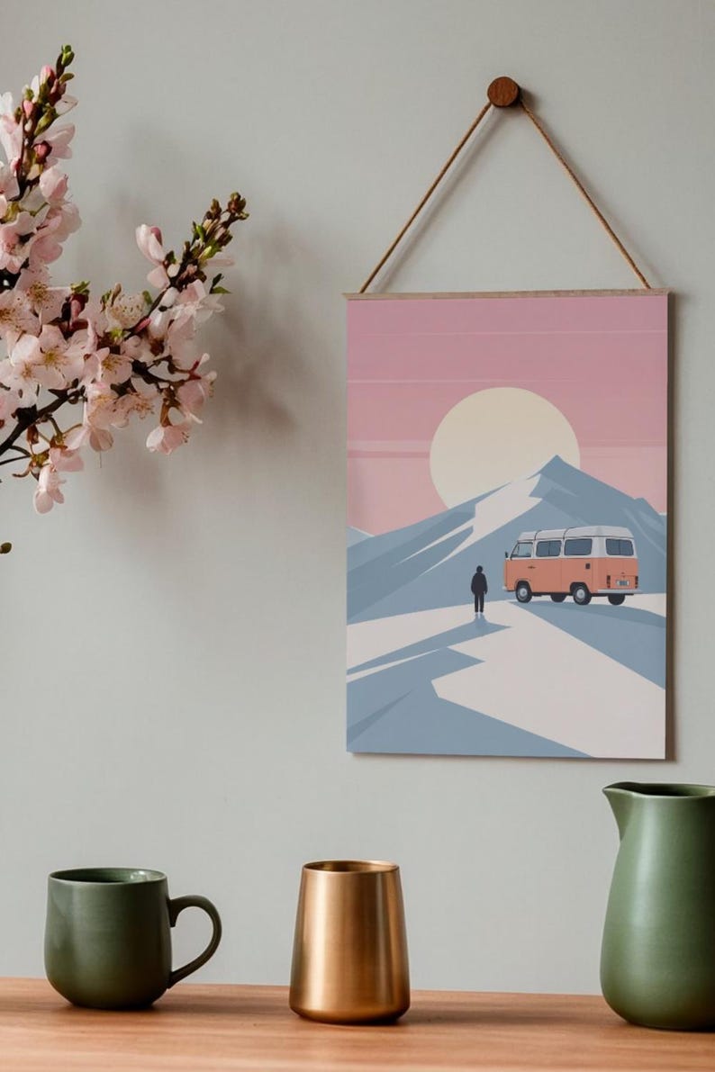 Affiche design, decoration murale montagne - Vanlife en Combi VW dans les Alpes - tableau decoration murale, illustration nature papier 250g image 8