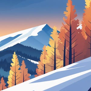 May include: A stylized illustration of a mountain landscape with snow-covered slopes and orange and yellow trees. The sky transitions from blue to orange, creating a serene winter scene.