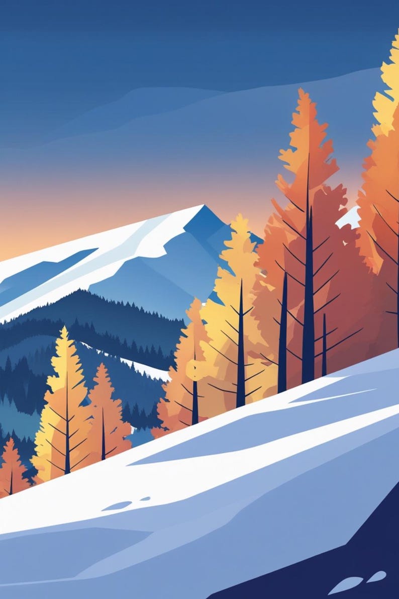 May include: A stylized illustration of a mountain landscape with snow-covered slopes and orange and yellow trees. The sky transitions from blue to orange, creating a serene winter scene.