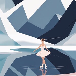 May include: An illustration of a figure skater in a white dress on an ice rink, with a mountain range in the background. The skater's reflection is visible in the ice. The color palette includes shades of blue, white, and pink.
