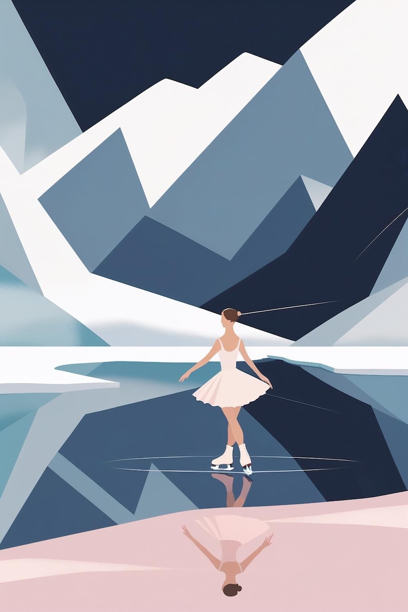 May include: An illustration of a figure skater in a white dress on an ice rink, with a mountain range in the background. The skater's reflection is visible in the ice. The color palette includes shades of blue, white, and pink.