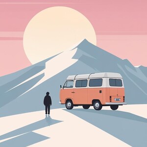May include: An illustration of a vintage orange and white camper van parked on a snowy mountain path. A silhouetted figure stands in front of the van, with a large sun and pink sky in the background. The scene evokes a sense of adventure and travel.