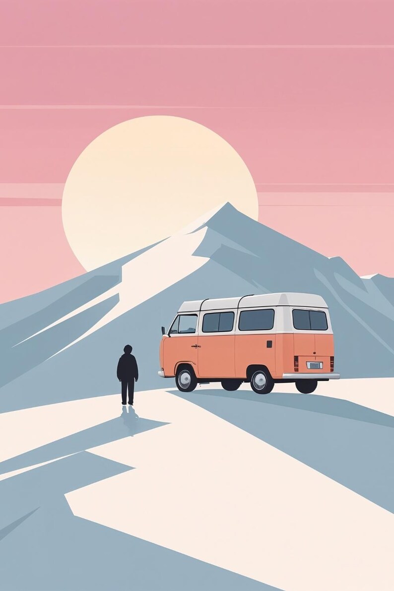 May include: An illustration of a vintage orange and white camper van parked on a snowy mountain path. A silhouetted figure stands in front of the van, with a large sun and pink sky in the background. The scene evokes a sense of adventure and travel.