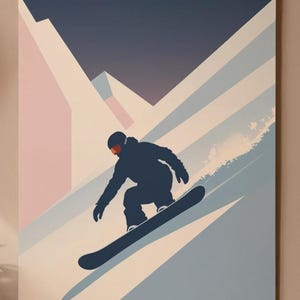 May include: A framed art print featuring a snowboarder silhouetted against a mountain landscape. The artwork uses a palette of blues, pinks, and whites to depict the snowy slopes and a dark blue figure carving down the mountain.