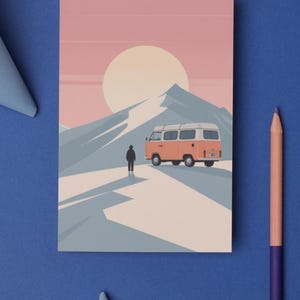 Affiche design, decoration murale montagne - Vanlife en Combi VW dans les Alpes - tableau decoration murale, illustration nature papier 250g image 4