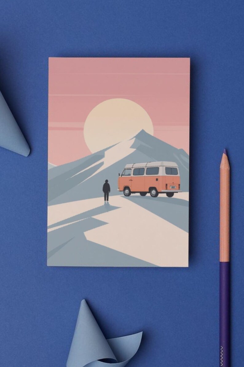Affiche design, decoration murale montagne - Vanlife en Combi VW dans les Alpes - tableau decoration murale, illustration nature papier 250g image 4