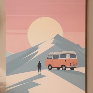 Affiche design, decoration murale montagne - Vanlife en Combi VW dans les Alpes - tableau decoration murale, illustration nature papier 250g image 2