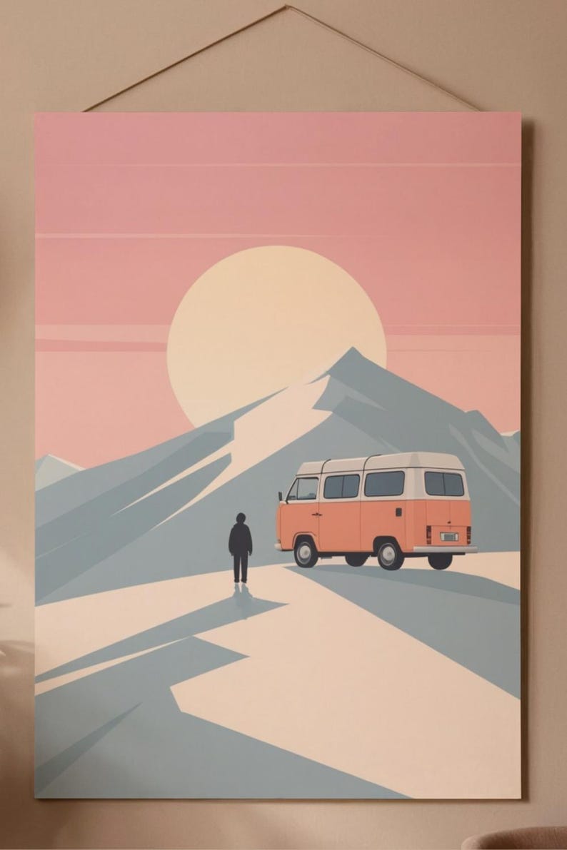 Affiche design, decoration murale montagne - Vanlife en Combi VW dans les Alpes - tableau decoration murale, illustration nature papier 250g image 2