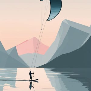 May include: An illustration of a person kitesurfing on a lake, with a blue and teal kite overhead. The background features mountains and a pastel sky. The water reflects the scene, creating a symmetrical effect.