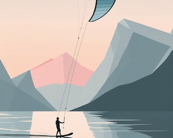 Affiche design, Illustration Montagne - Kite Surf au Lac de Serre ponçon- Tableau Décoration Murale, Illustration Nature Alpine- papier 250g