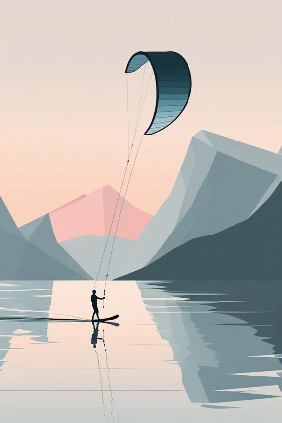 Affiche design, Illustration Montagne - Kite Surf au Lac de Serre ponçon- Tableau Décoration Murale, Illustration Nature Alpine- papier 250g
