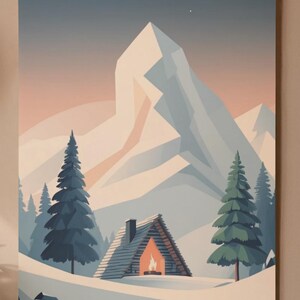 May include: A landscape print depicting a cabin in a snowy mountain setting. The cabin has a lit fireplace, and the background shows snow-covered mountains and evergreen trees. The colour palette includes blues, whites, and a warm orange glow.