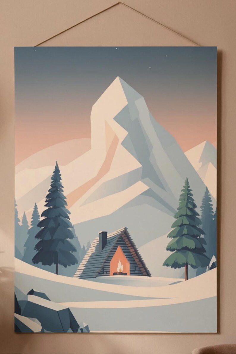 May include: A landscape print depicting a cabin in a snowy mountain setting. The cabin has a lit fireplace, and the background shows snow-covered mountains and evergreen trees. The colour palette includes blues, whites, and a warm orange glow.