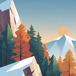 May include: A stylized illustration of a mountain landscape with snow-capped peaks, evergreen and orange trees, and a setting sun. The color palette includes shades of blue, green, orange, and white, creating a serene and natural scene.