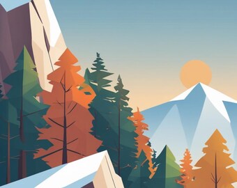 Affiche design, decoration murale montagne - Forêt de mélèzes  nature des Alpes - tableau decoration murale, illustration nature papier 250g