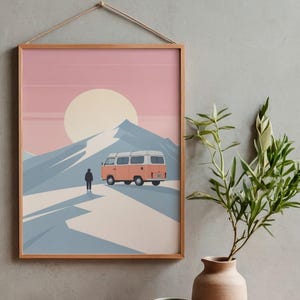 Affiche design, decoration murale montagne - Vanlife en Combi VW dans les Alpes - tableau decoration murale, illustration nature papier 250g image 3