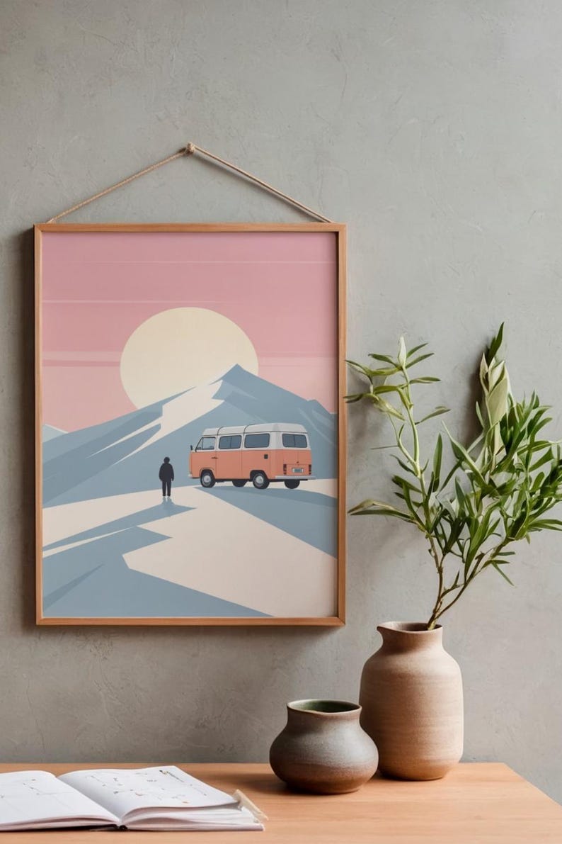 Affiche design, decoration murale montagne - Vanlife en Combi VW dans les Alpes - tableau decoration murale, illustration nature papier 250g image 3