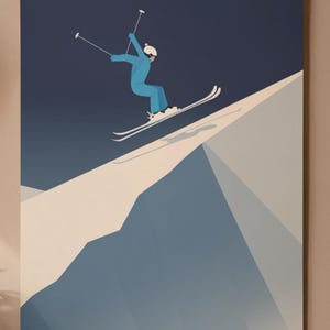May include: A minimalist art print depicting a skier in a blue jumpsuit and white helmet skiing down a snowy mountain. The background features a gradient of blue hues, creating a sense of depth and the cold environment.
