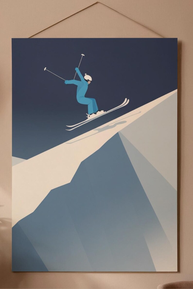 May include: A minimalist art print depicting a skier in a blue jumpsuit and white helmet skiing down a snowy mountain. The background features a gradient of blue hues, creating a sense of depth and the cold environment.