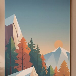 May include: A landscape art print featuring a mountain scene with trees and a setting sun. The artwork uses a geometric style with shades of blue, green, orange, and white. The print is displayed on a wall.