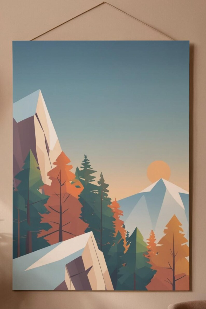 May include: A landscape art print featuring a mountain scene with trees and a setting sun. The artwork uses a geometric style with shades of blue, green, orange, and white. The print is displayed on a wall.