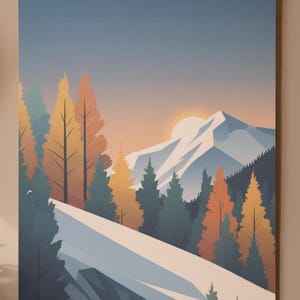 May include: A landscape art print featuring a mountain scene with a snowy slope and colorful trees. The artwork has a minimalist style with a color palette of blues, oranges, and greens. The sun is setting behind the mountain.