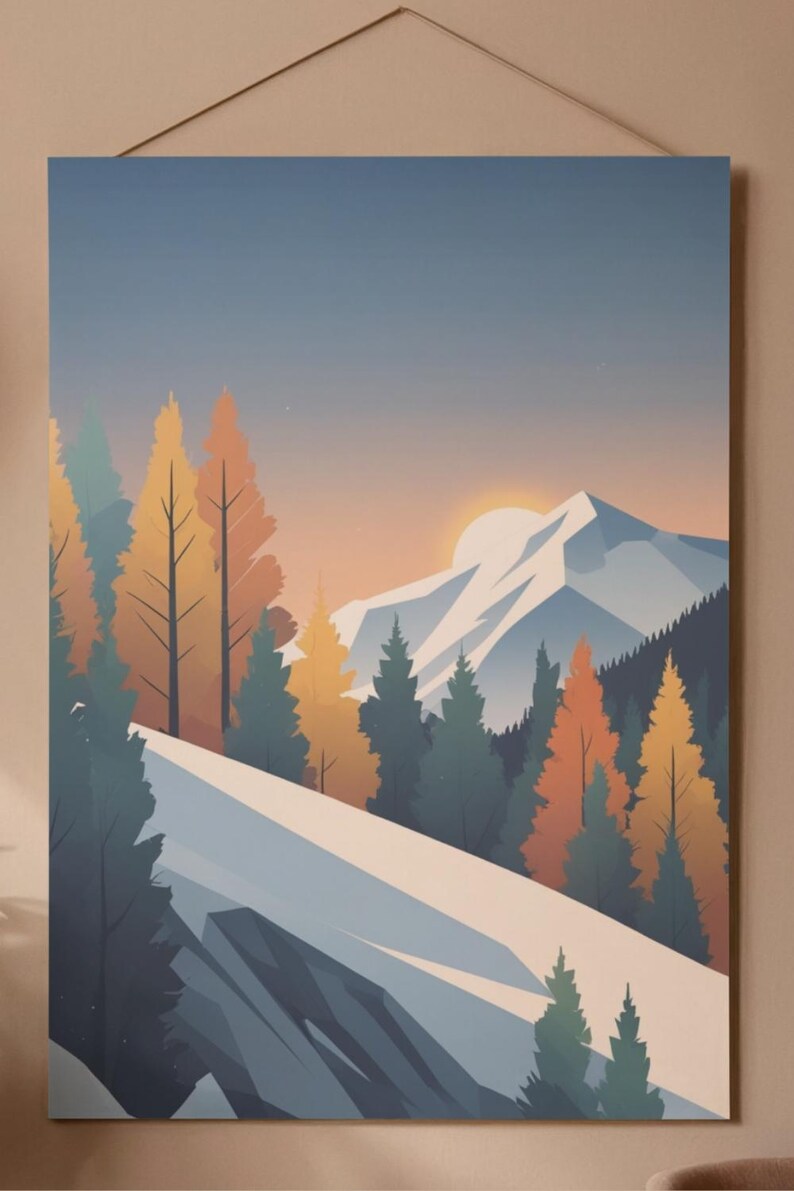 May include: A landscape art print featuring a mountain scene with a snowy slope and colorful trees. The artwork has a minimalist style with a color palette of blues, oranges, and greens. The sun is setting behind the mountain.
