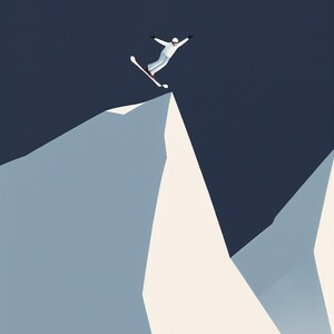 May include: An illustration of a skier in a white outfit mid-air, poised to descend a snow-covered mountain. The skier is set against a dark blue background, with the mountain peaks in shades of white and light blue.