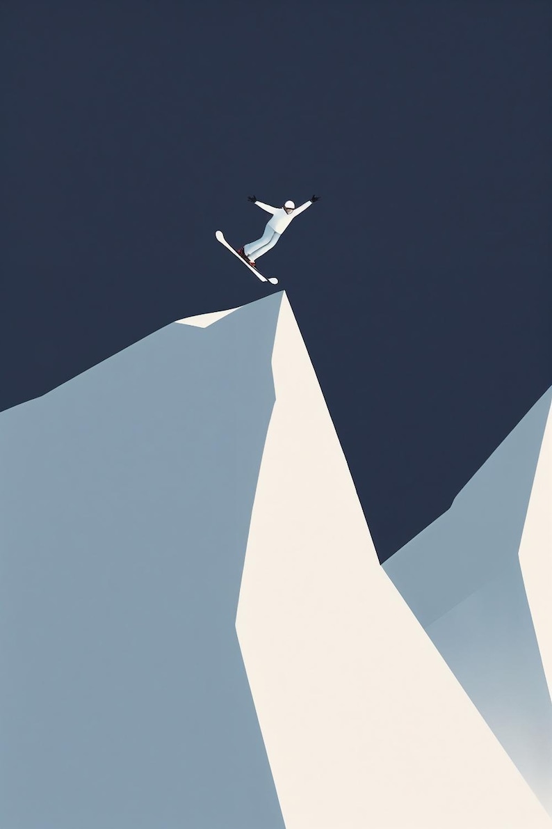 May include: An illustration of a skier in a white outfit mid-air, poised to descend a snow-covered mountain. The skier is set against a dark blue background, with the mountain peaks in shades of white and light blue.