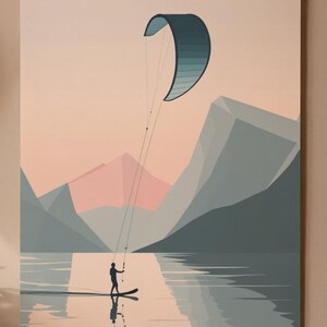 May include: A minimalist art print depicting a watersports scene. A person kitesurfs on a calm lake, with a blue and teal kite overhead. Mountains and a pastel sky complete the landscape.