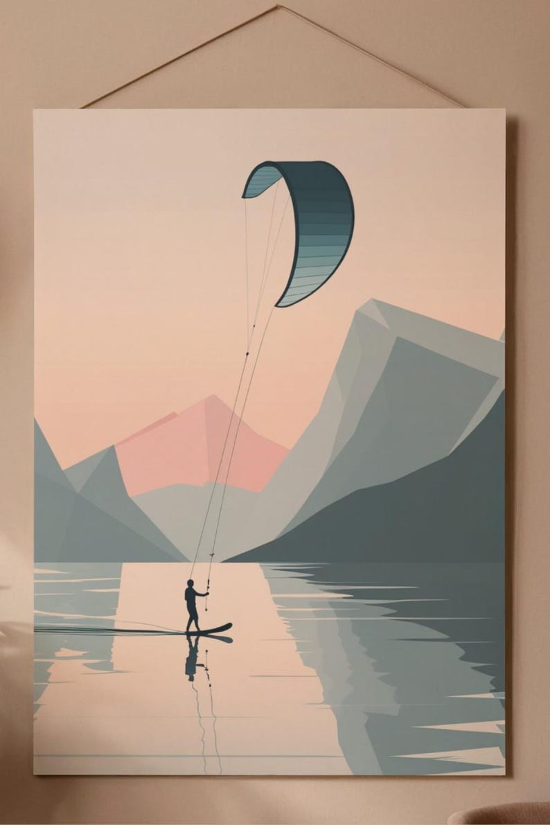 May include: A minimalist art print depicting a watersports scene. A person kitesurfs on a calm lake, with a blue and teal kite overhead. Mountains and a pastel sky complete the landscape.