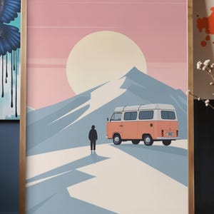 Affiche design, decoration murale montagne - Vanlife en Combi VW dans les Alpes - tableau decoration murale, illustration nature papier 250g image 7