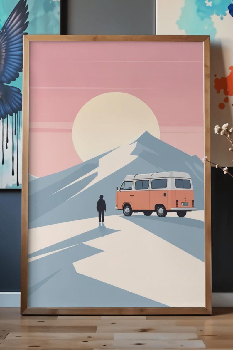 Affiche design, decoration murale montagne - Vanlife en Combi VW dans les Alpes - tableau decoration murale, illustration nature papier 250g image 7