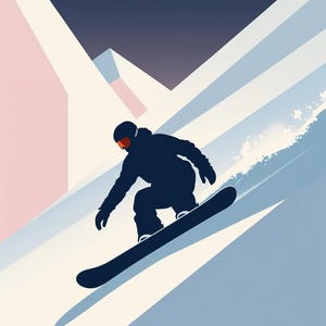 May include: A graphic illustration of a snowboarder in a dark blue outfit, descending a snowy slope. The background features a mountain range with pink, white, and blue hues, under a dark blue sky. The snowboarder wears orange goggles.