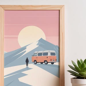 Affiche design, decoration murale montagne - Vanlife en Combi VW dans les Alpes - tableau decoration murale, illustration nature papier 250g image 5