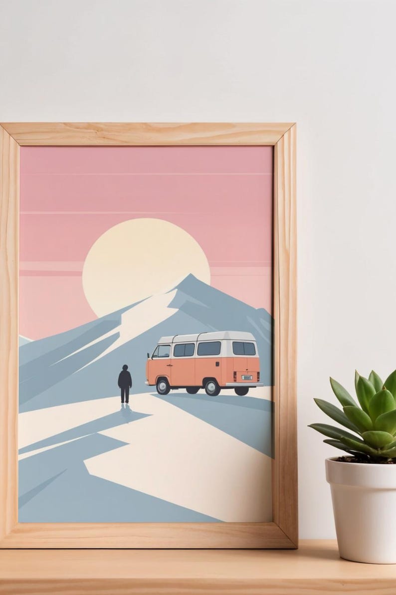 Affiche design, decoration murale montagne - Vanlife en Combi VW dans les Alpes - tableau decoration murale, illustration nature papier 250g image 5