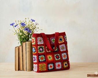 Handmade Crochet Granny Square Tote Bag, Colorful Cotton Shoulder Purse
