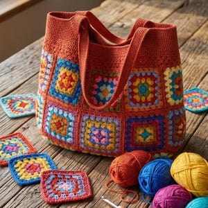 Handmade Crochet Granny Square Tote Bag, Boho Patchwork Shoulder Bag