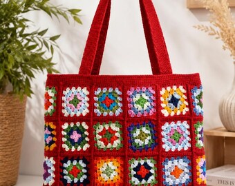 Handmade Crochet Granny Square Tote Bag, Colorful Cotton Shoulder Purse