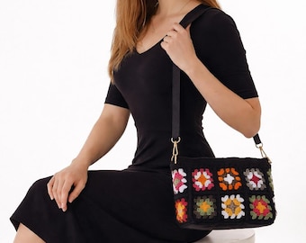 Handgemaakte oma vierkante gehaakte tas | Gevoerde katoenen crossbody