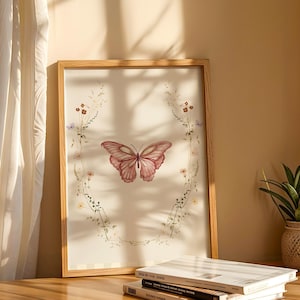 Pink Butterfly Floral Print | Vintage Wall Art | Cottagecore Nature Decor | Butterfly Illustration | Printable Wall Art | Digital Download