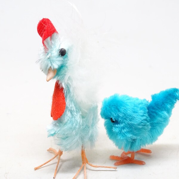 Vintage Blue 2 1/2 Inch 1950's Easter  Chenille Rooster and Chick Antique  Toys