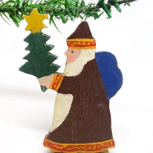 Vintage German Hand Painted Wooden Father Christmas Santa with Christmas Tree,  Antique Erzgebirge Germany