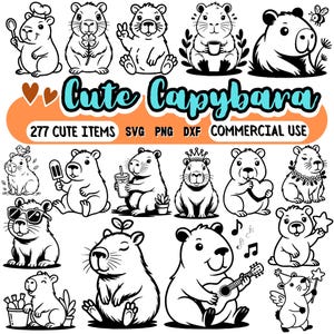 May include: A collection of black and white illustrations of capybaras in various poses. Some capybaras hold items like a spoon, flower, coffee cup, and ice cream. The text "Cute Capybara" is displayed above the text "277 CUTE ITEMS SVG PNG DXF COMMERCIAL USE".