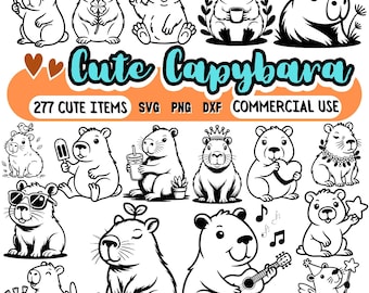 277 Cute Capybara Cutting Machine Files Cricut Bundle, vector graphics silhouette, South American Animal SVG PNG DXF Commercial Use