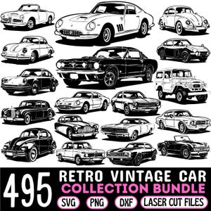 May include: A collection of 495 retro vintage car SVG, PNG, DXF and laser cut files. The image shows a variety of black and white car silhouettes, including a classic Volkswagen Beetle, a Ford Mustang, a Chevrolet Corvette, and a Cadillac.