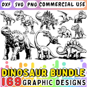 May include: A collection of black and white dinosaur illustrations, including a T-Rex, Stegosaurus, and Brontosaurus. The image includes the text "DINOSAUR BUNDLE 169 GRAPHIC DESIGNS" and file type indicators: DXF, SVG, and PNG, for commercial use.