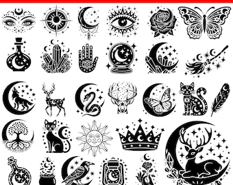 Pacchetto SVG celestiale – Luna, stelle, sole, SVG stregonesco, clipart mistiche, file di taglio astrologici boho per Cricut e Silhouette