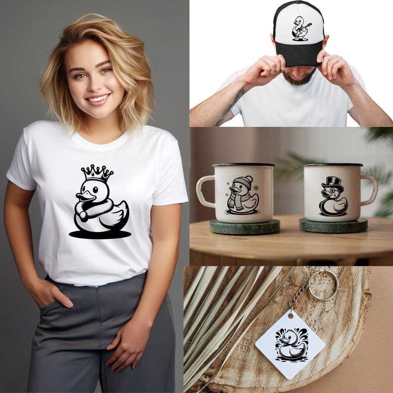 May include: A collection of duck-themed merchandise, including a white t-shirt, a trucker hat, two enamel mugs, and a keychain. The duck design features a crown, scarf, and top hat. The items are black and white.