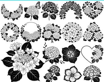 Paquete de archivos SVG de hortensias: archivos SVG florales, imágenes prediseñadas de hortensias, archivos de corte de ramos de flores para Cricut Silhouette Wedding